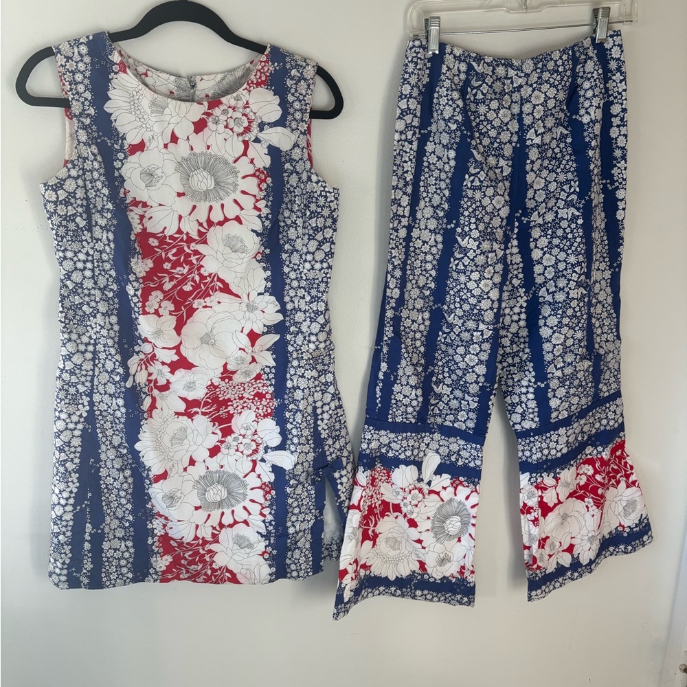 Vintage Lilly Pulitzer 1960s Floral Tunic & Pant Set Red White Blue 100% Cotton